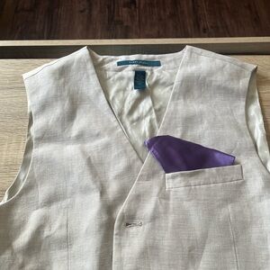 Men's Beige Vest with Purple Pocket Square